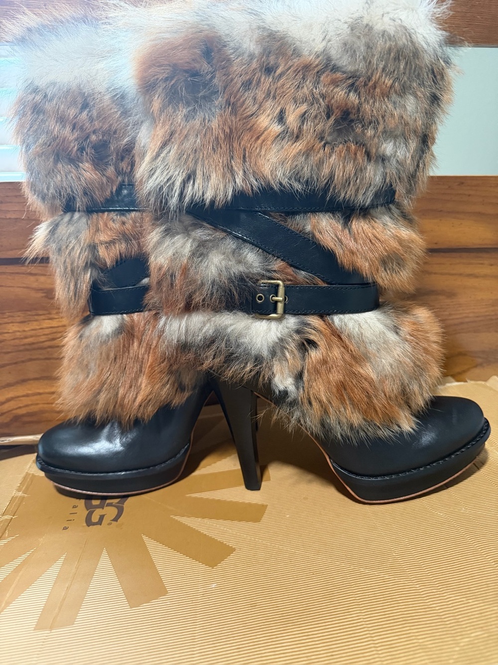 UGG Women's Foxley Tall Fur-Heel Boot in Brown and Black the box not in good